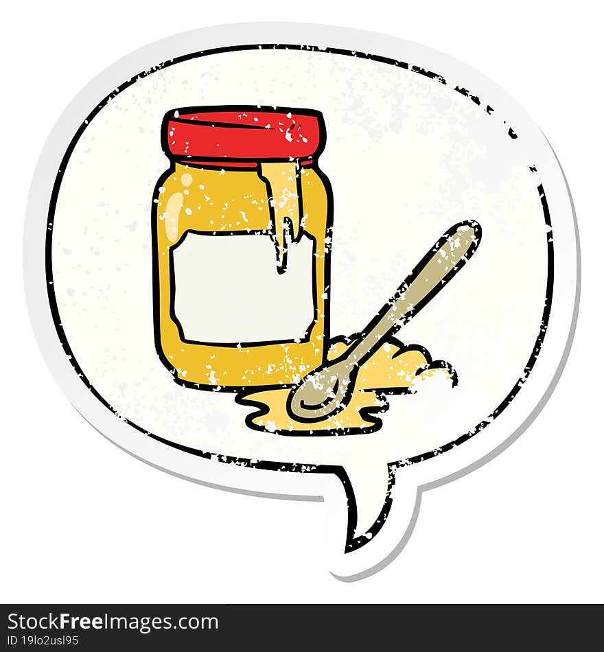 cartoon jar of honey and speech bubble distressed sticker