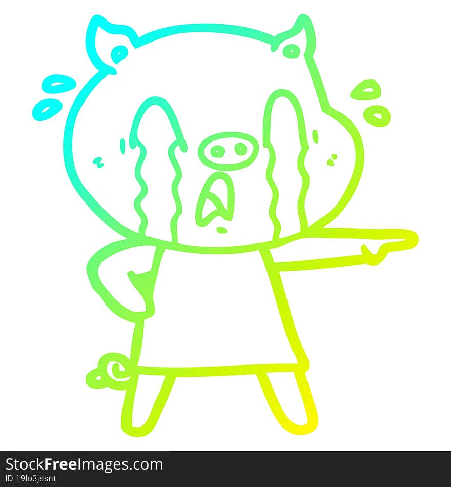 cold gradient line drawing of a crying pig cartoon wearing human clothes