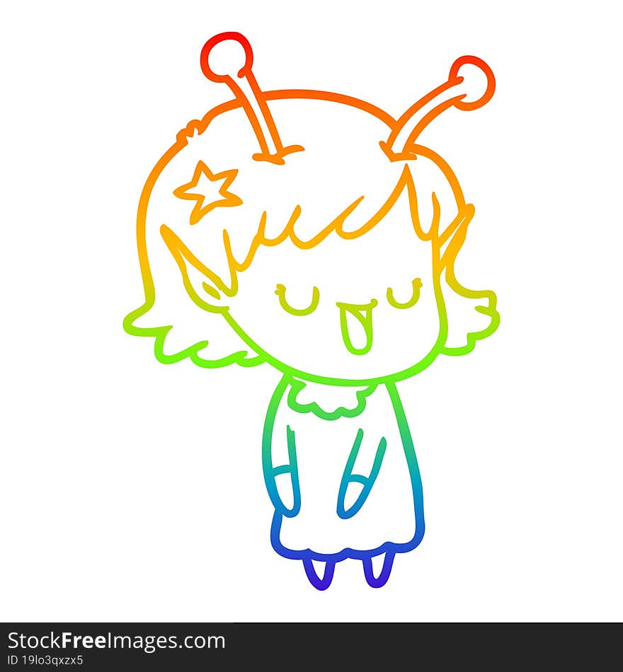 rainbow gradient line drawing happy alien girl cartoon