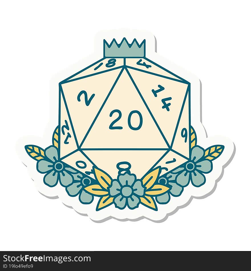 natural 20 D20 dice roll with floral elements sticker