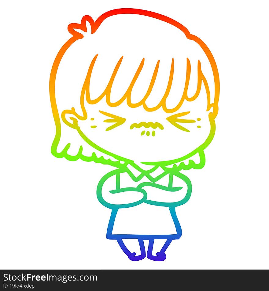 Rainbow Gradient Line Drawing Annoyed Cartoon Girl