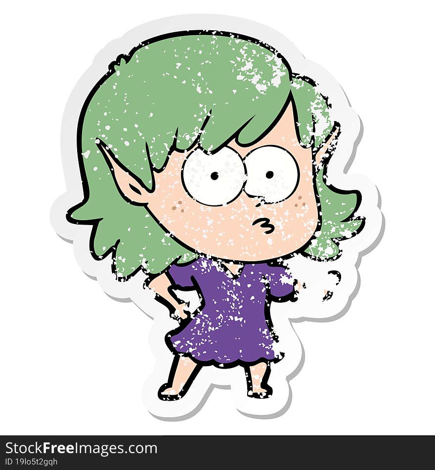 distressed sticker of a cartoon elf girl staring