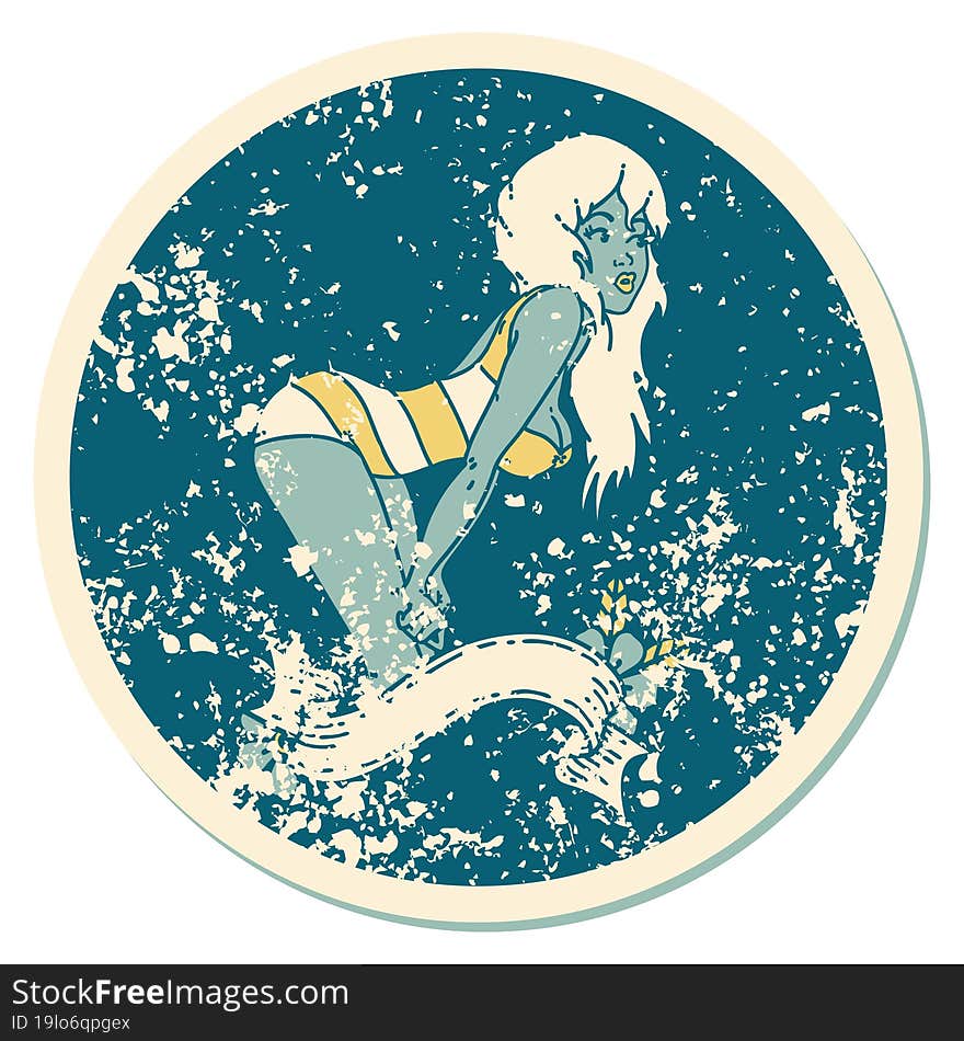 Distressed Sticker Tattoo Style Icon Of A Pinup Girl In Swimming Costume With Banner