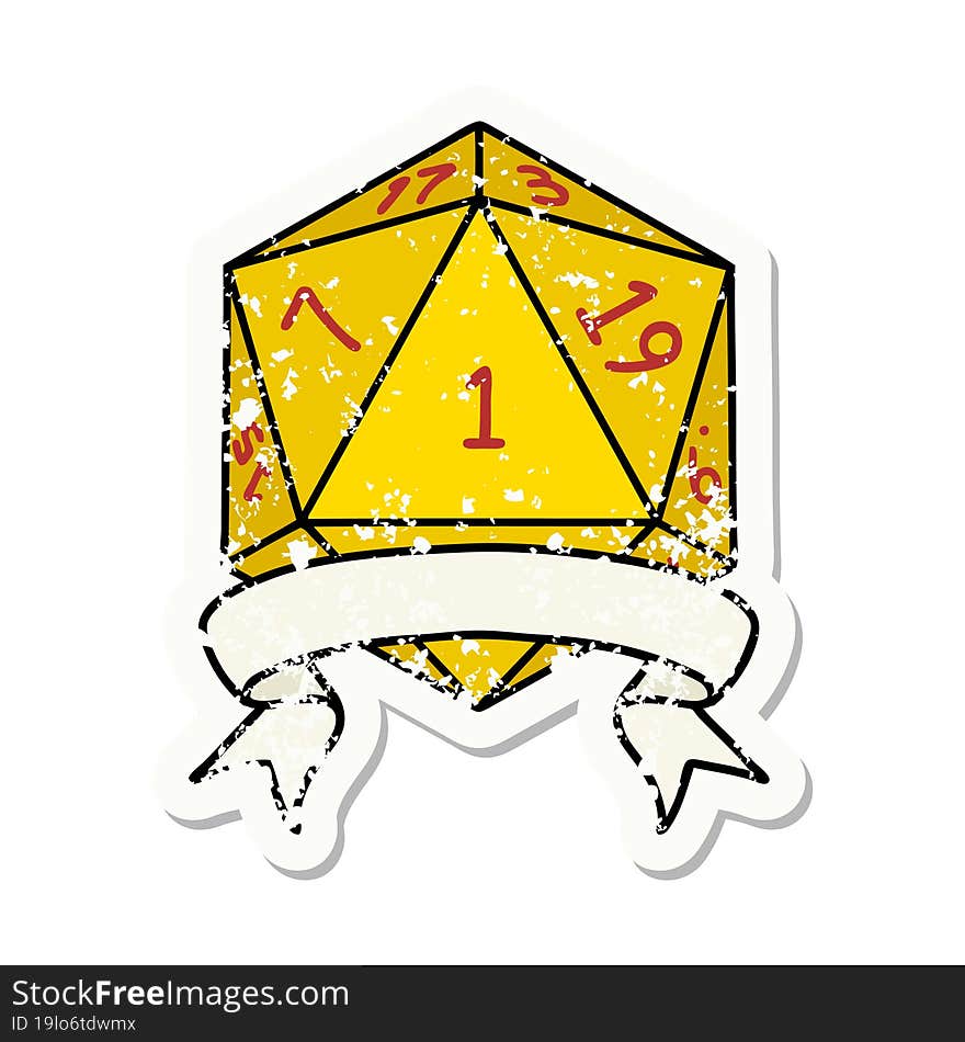 grunge sticker of a natural one d20 dice roll. grunge sticker of a natural one d20 dice roll