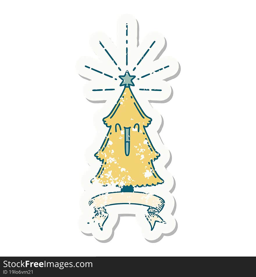 grunge sticker of tattoo style christmas tree with star