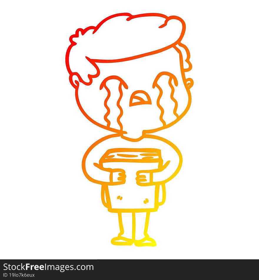 warm gradient line drawing cartoon man crying holding book