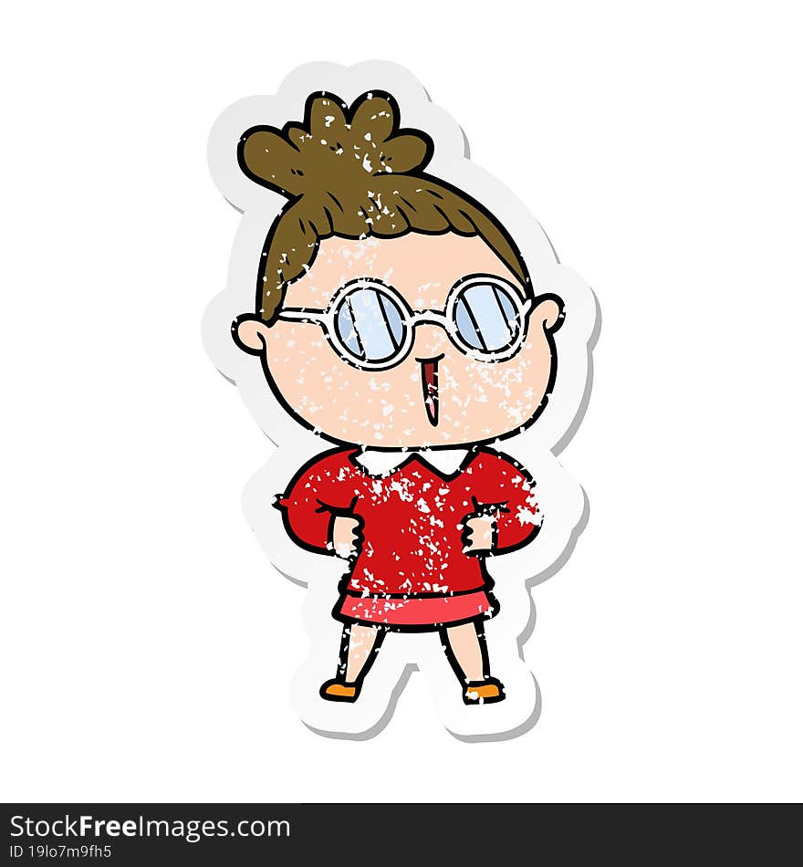 distressed sticker of a cartoon woman wearing spectacles