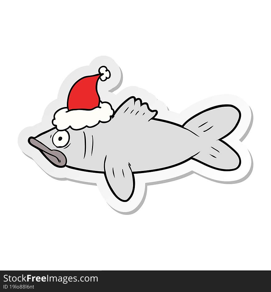 hand drawn sticker cartoon of a fish wearing santa hat