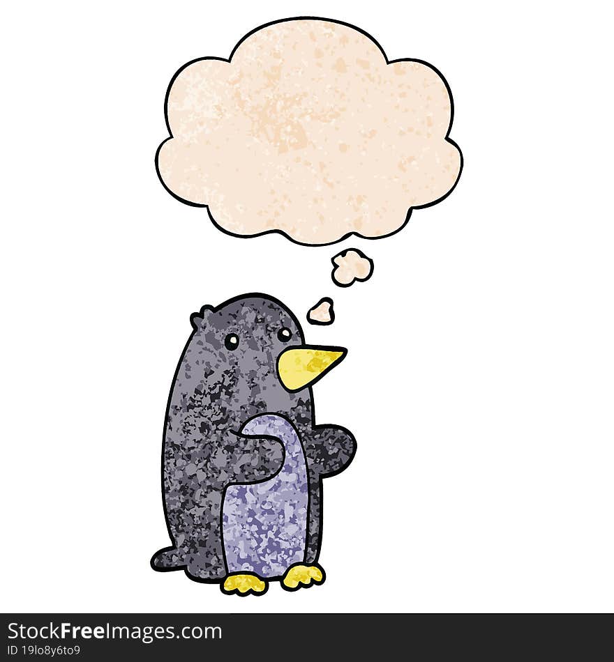 Cartoon Penguin And Thought Bubble In Grunge Texture Pattern Style