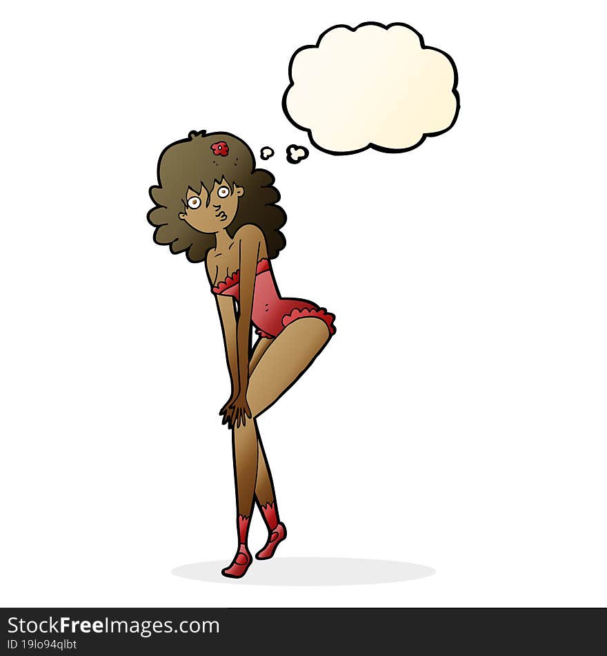 cartoon woman in lingerie with thought bubble