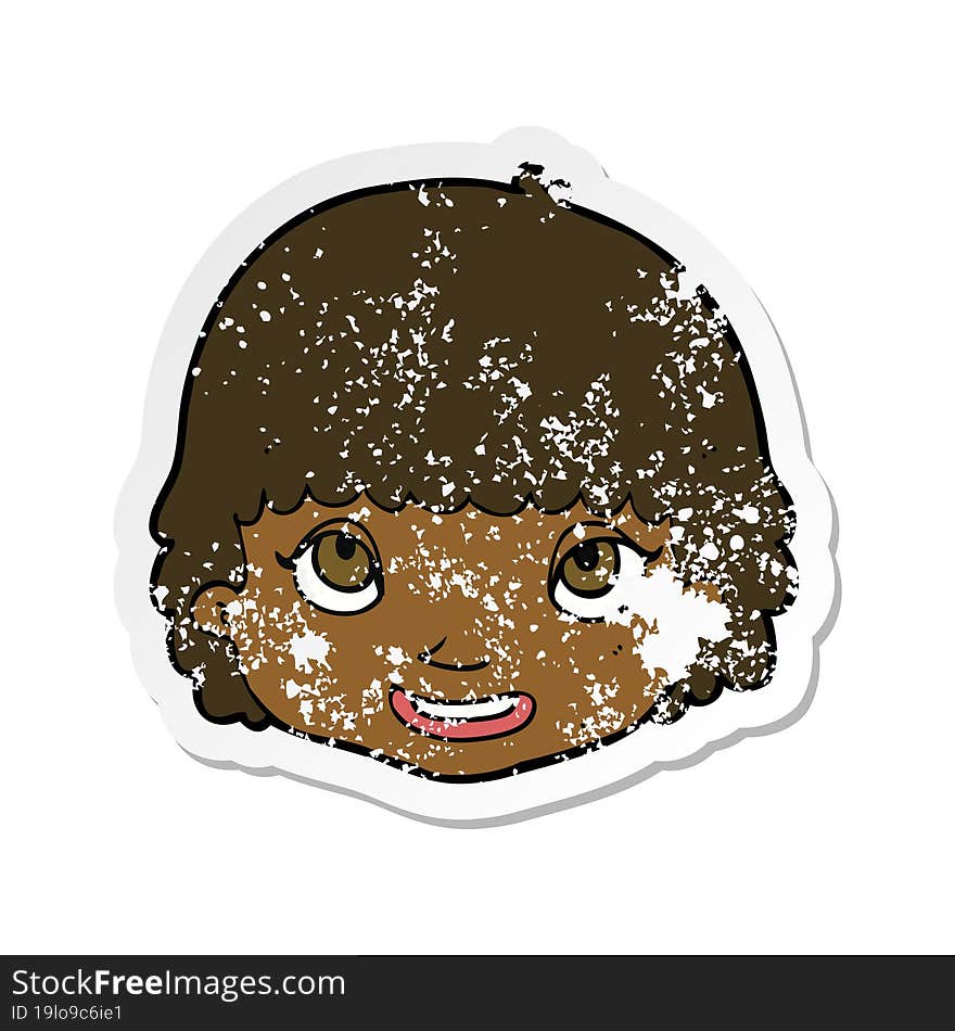 retro distressed sticker of a cartoon happy female face