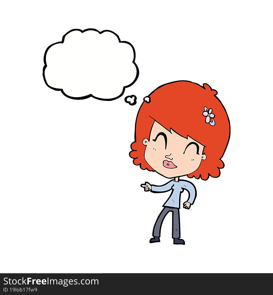 cartoon happy woman pointing with thought bubble