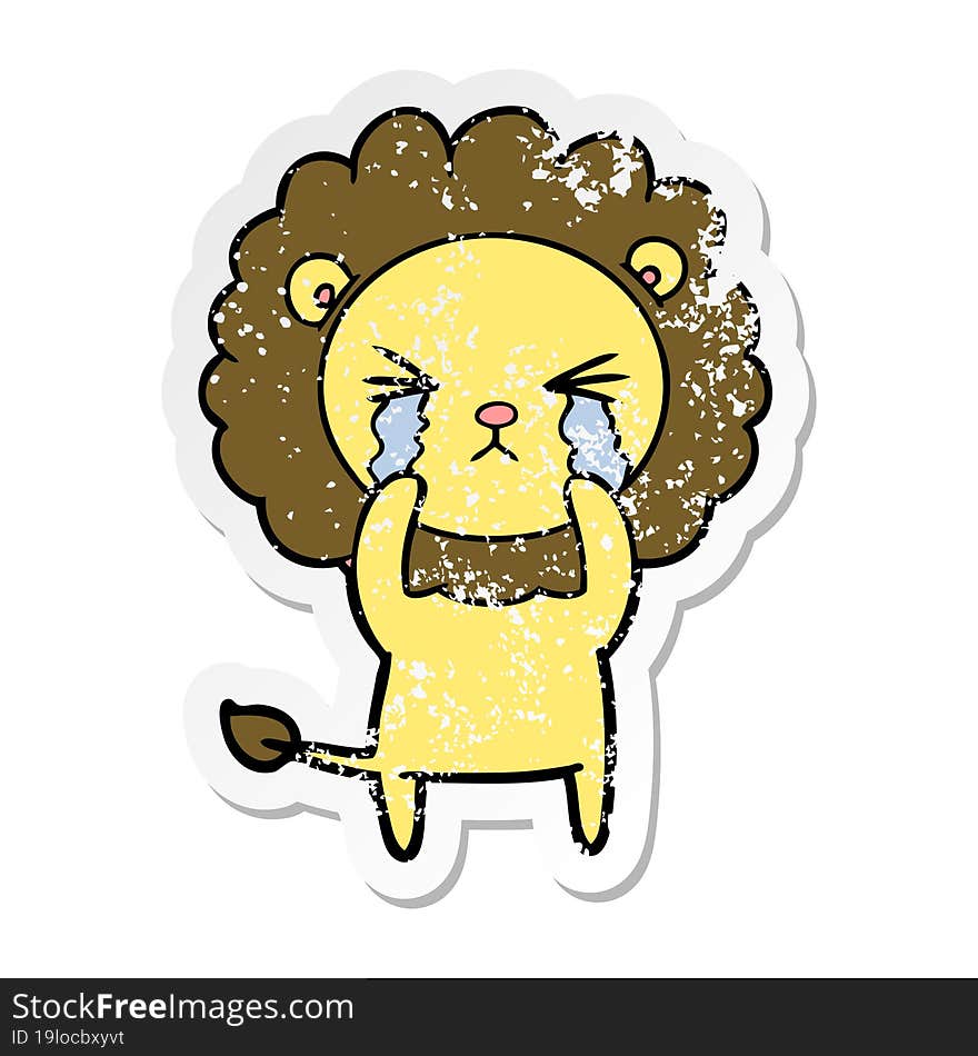 distressed sticker of a cartoon crying lion