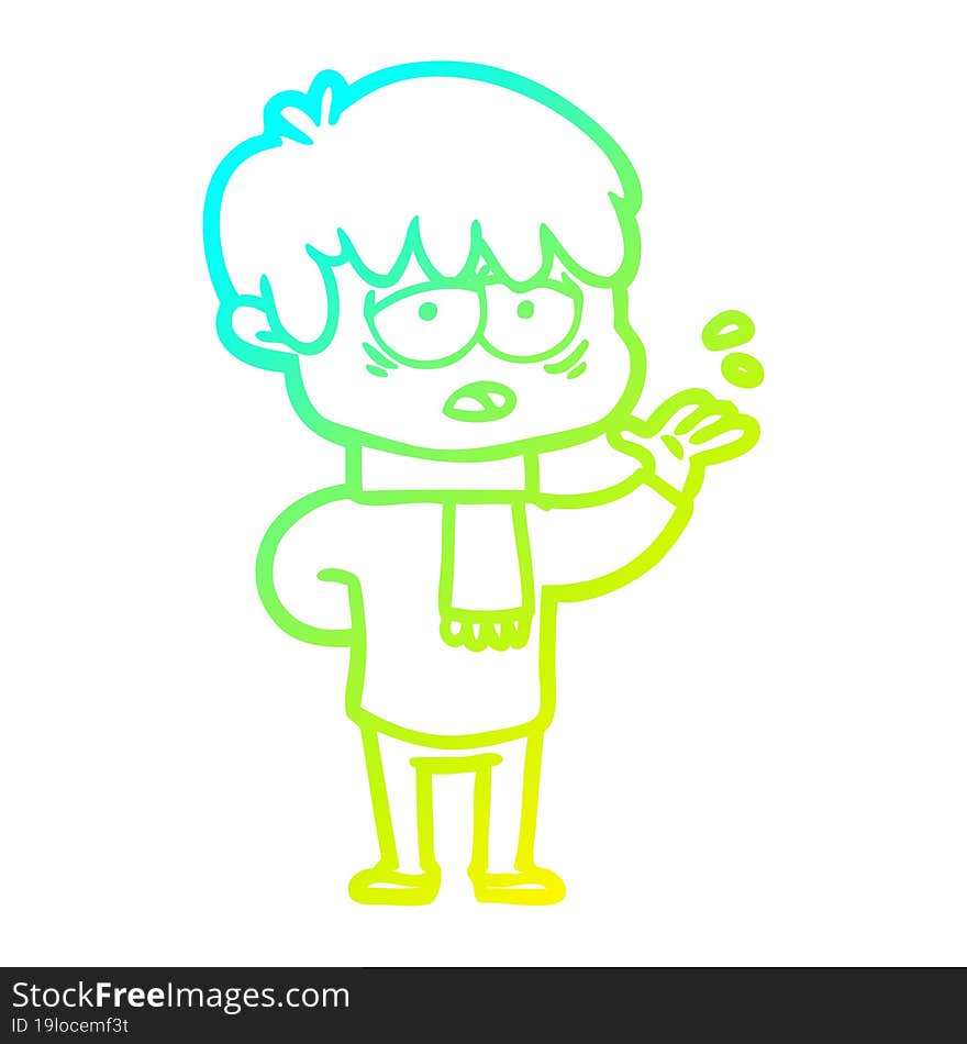 cold gradient line drawing cartoon exhausted boy