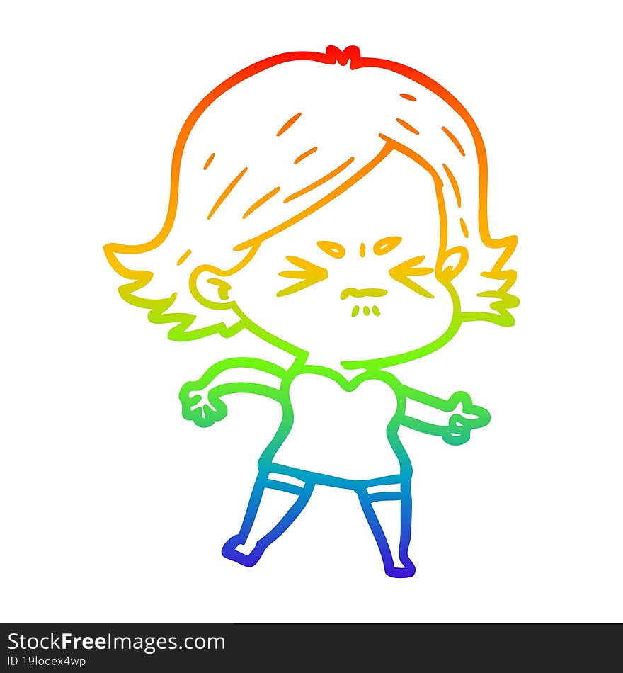 rainbow gradient line drawing of a cartoon angry girl