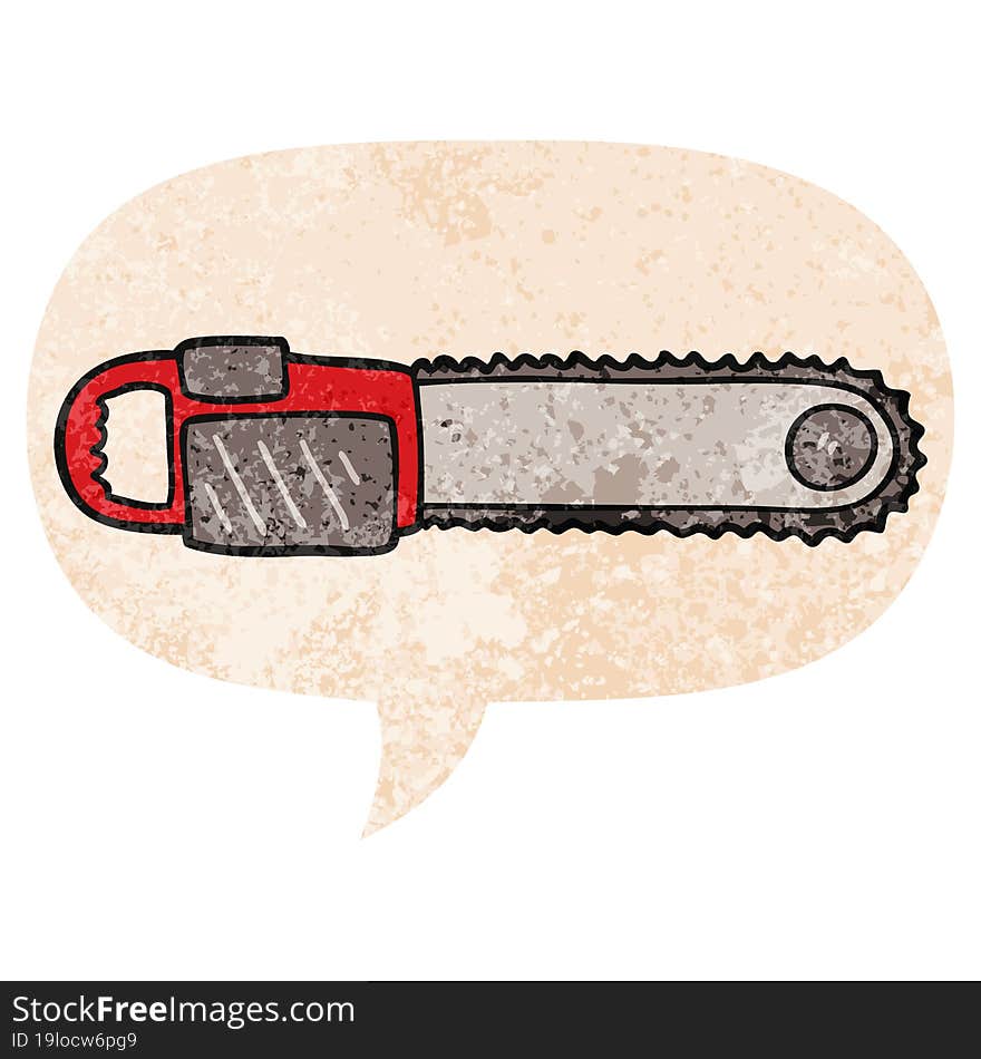 cartoon chainsaw and speech bubble in retro textured style