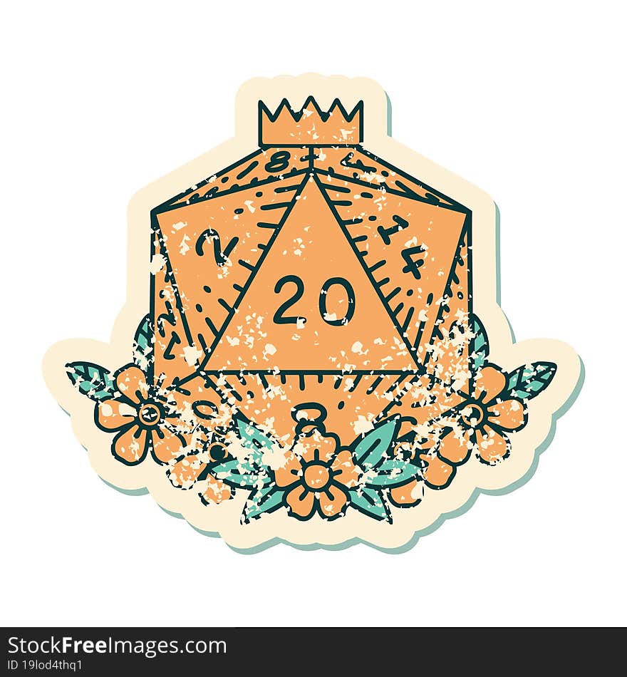 Natural 20 D20 Dice Roll With Floral Elements Illustration