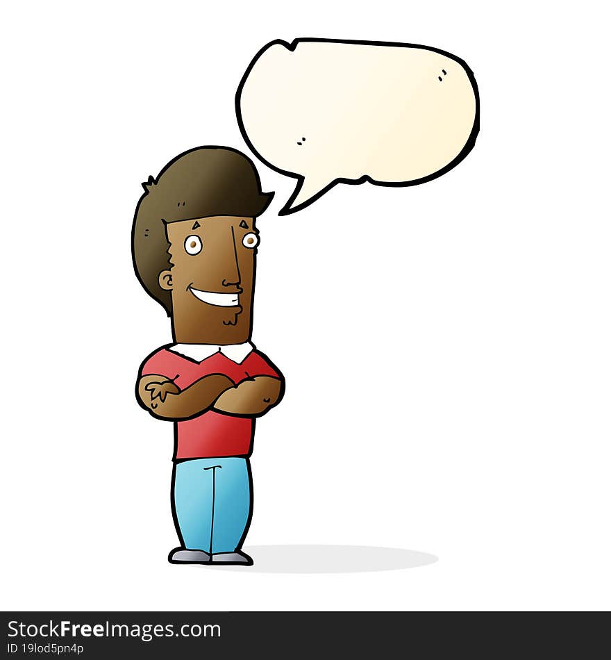 cartoon man with folded arms grinning with speech bubble