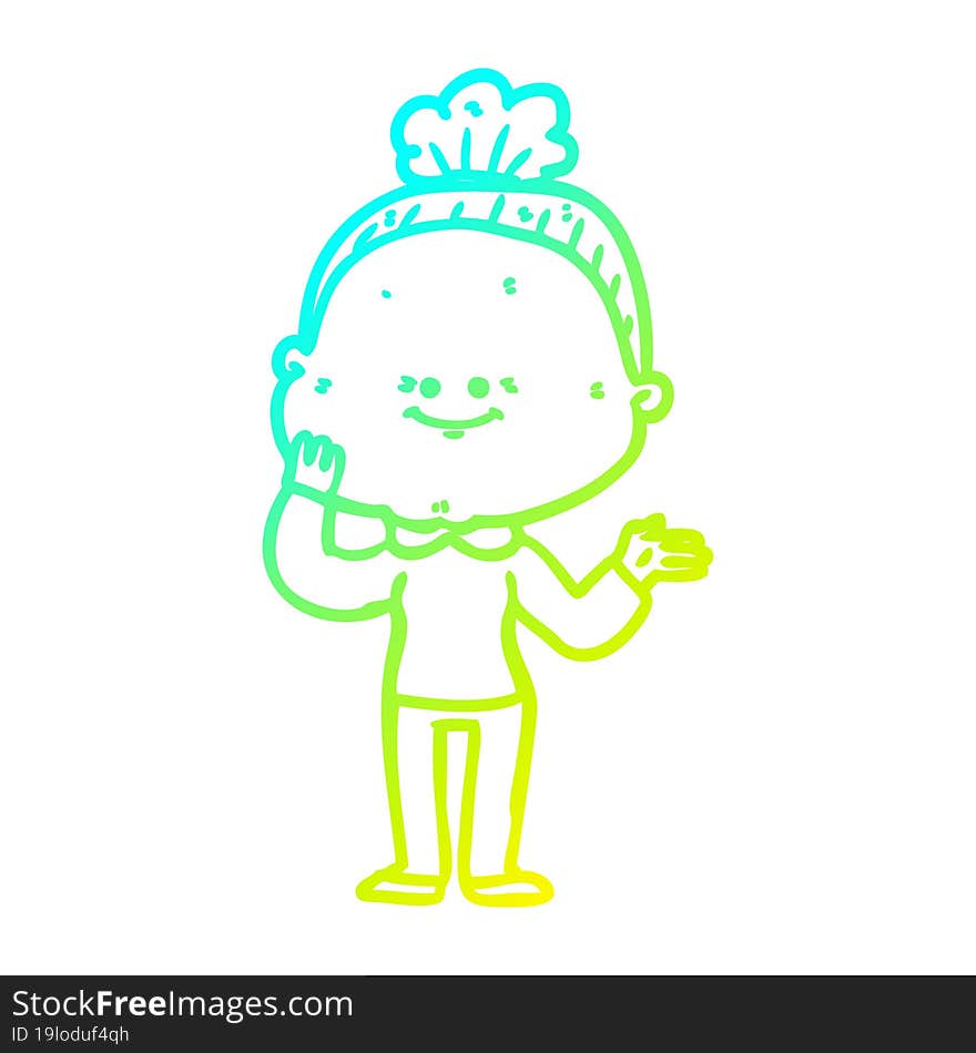 cold gradient line drawing of a cartoon happy old woman