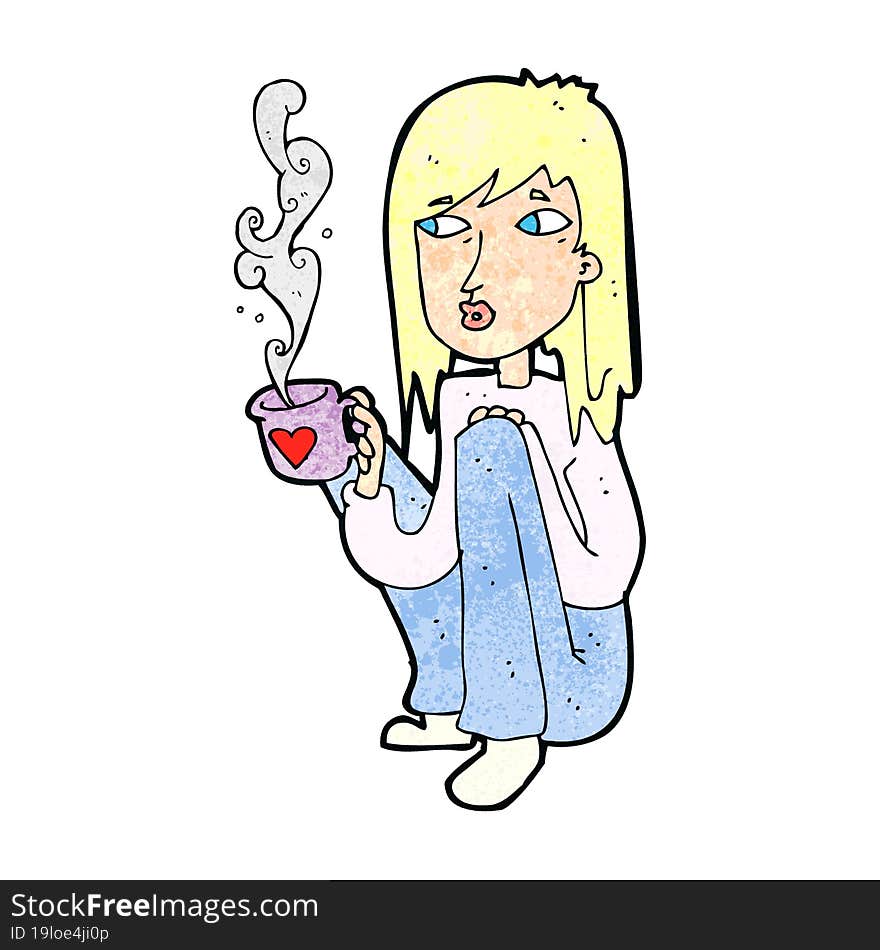 cartoon woman with nice cup of hot coffee. cartoon woman with nice cup of hot coffee