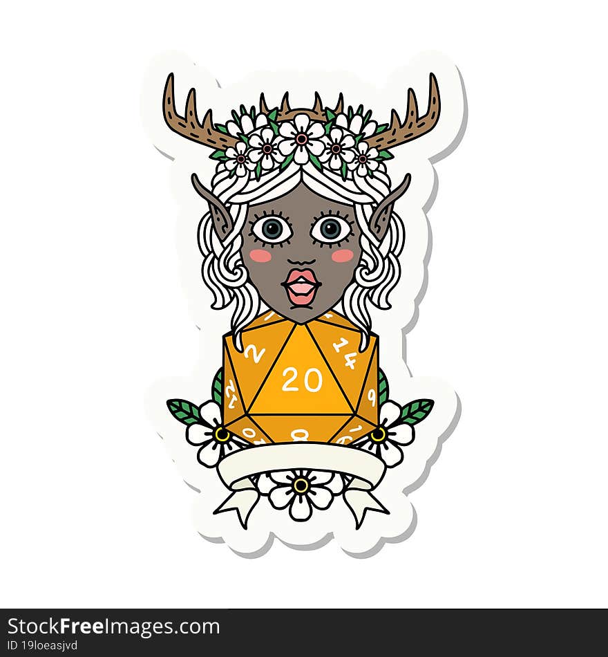 elf druid character with natural 20 dice roll sticker