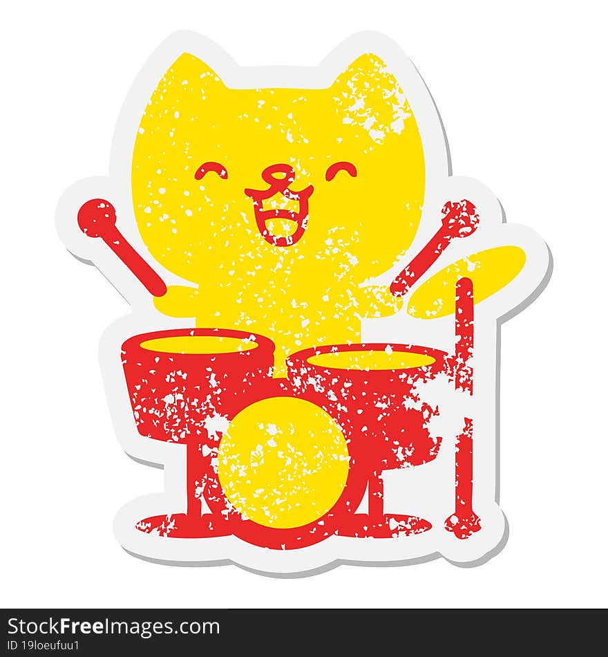 cartoon cat playing drums grunge sticker