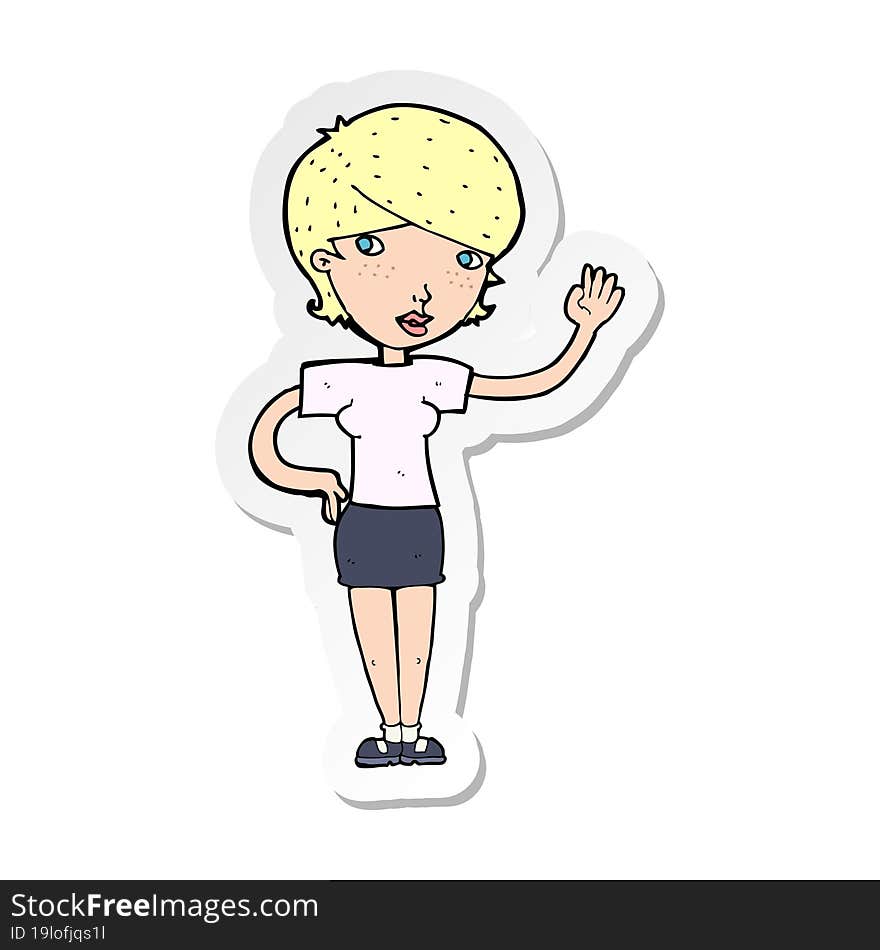 sticker of a cartoon woman waving