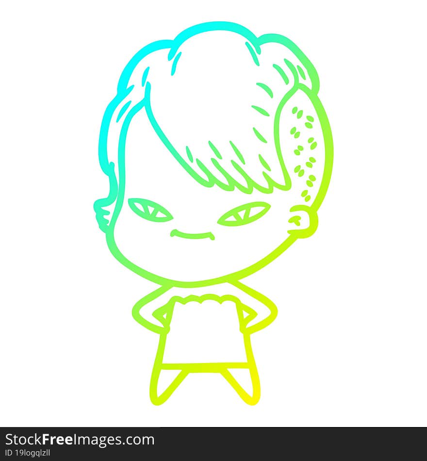 cold gradient line drawing of a cute cartoon girl with hipster haircut