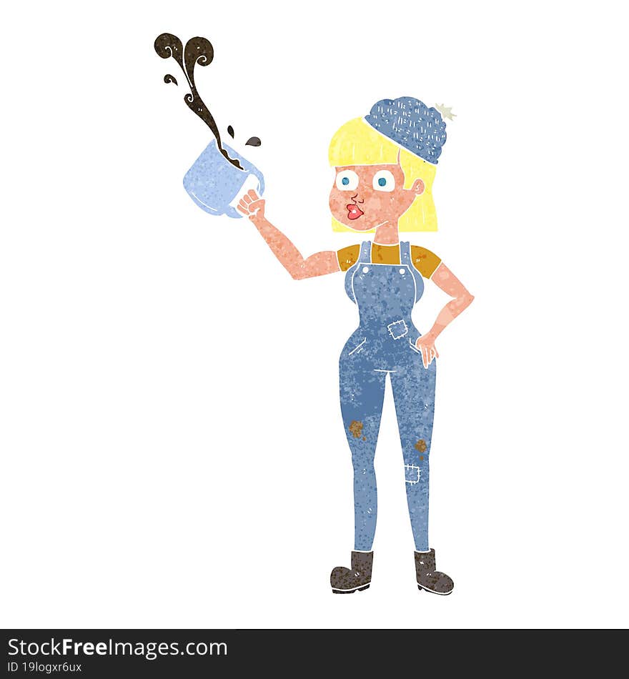 retro cartoon female worker with coffee mug