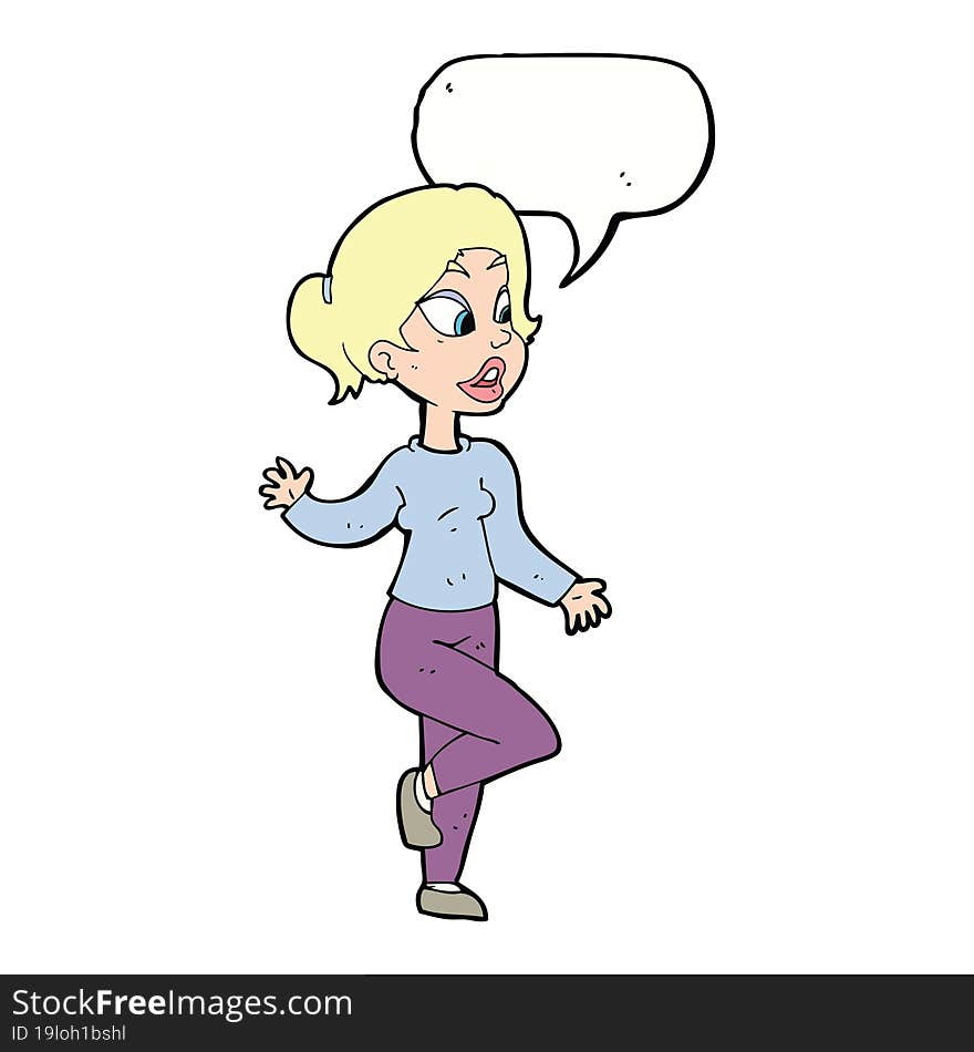 cartoon friendly woman waving with speech bubble