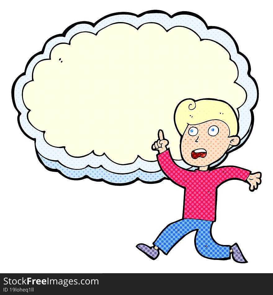 cartoon running boy in front of idea cloud with space for text. cartoon running boy in front of idea cloud with space for text