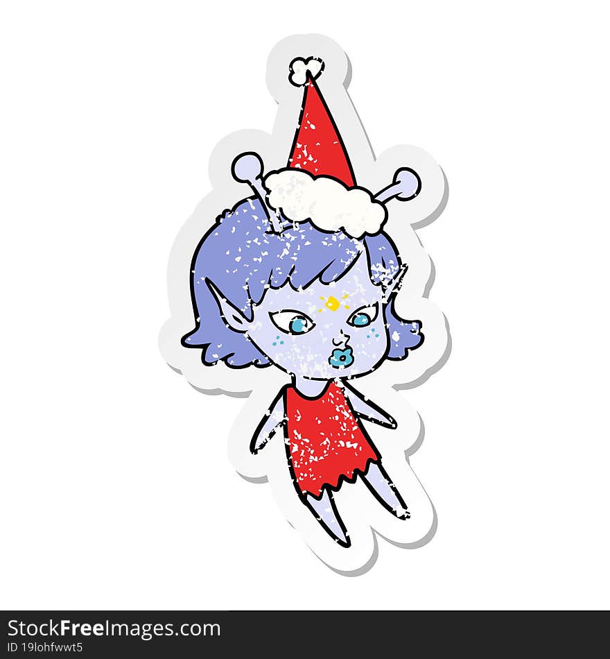 Pretty Distressed Sticker Cartoon Of A Alien Girl Wearing Santa Hat