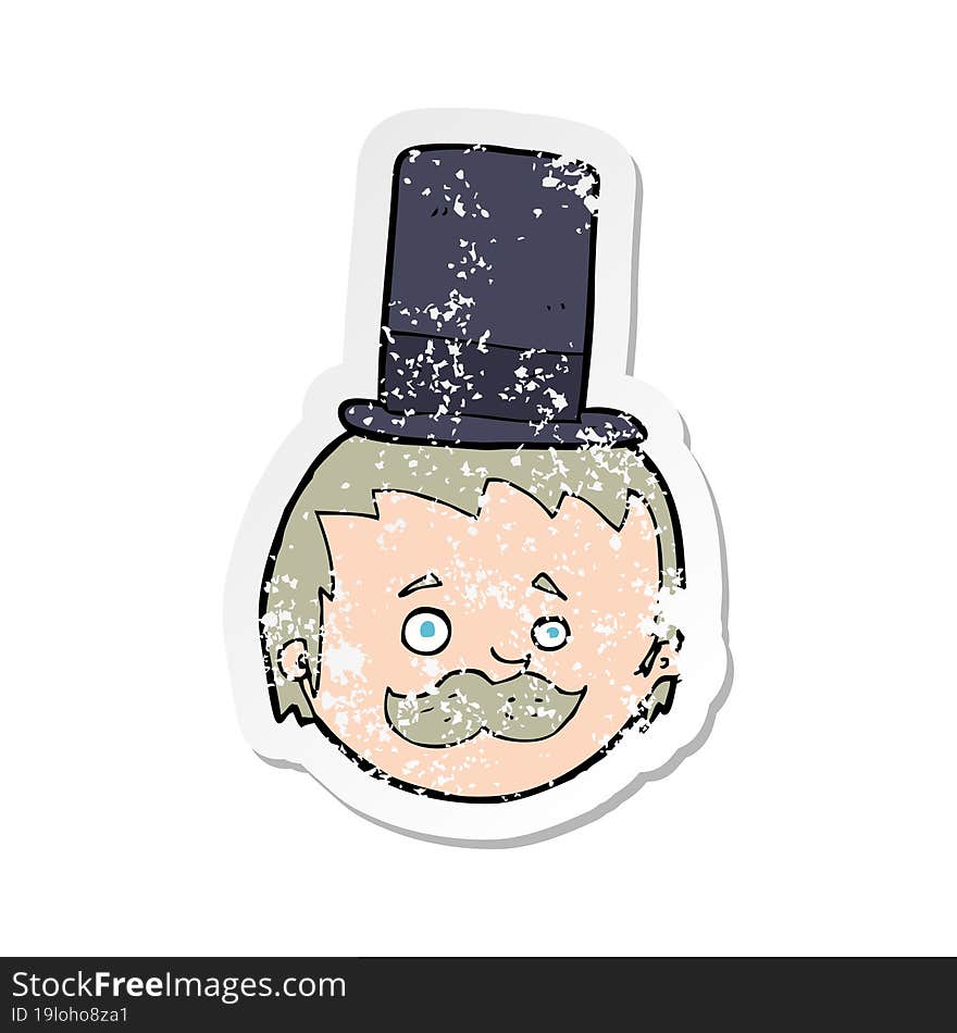 retro distressed sticker of a cartoon man wearing top hat