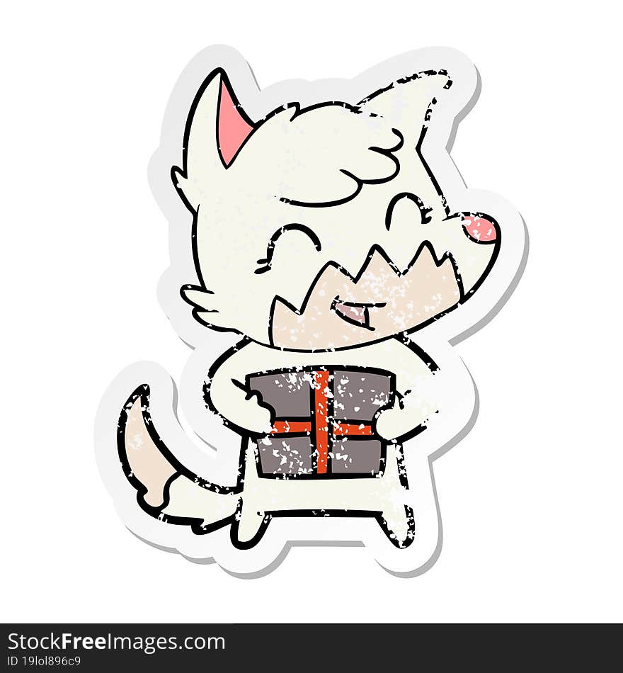 distressed sticker of a happy cartoon fox