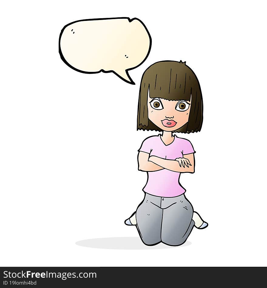 Cartoon Woman Kneeling With Speech Bubble