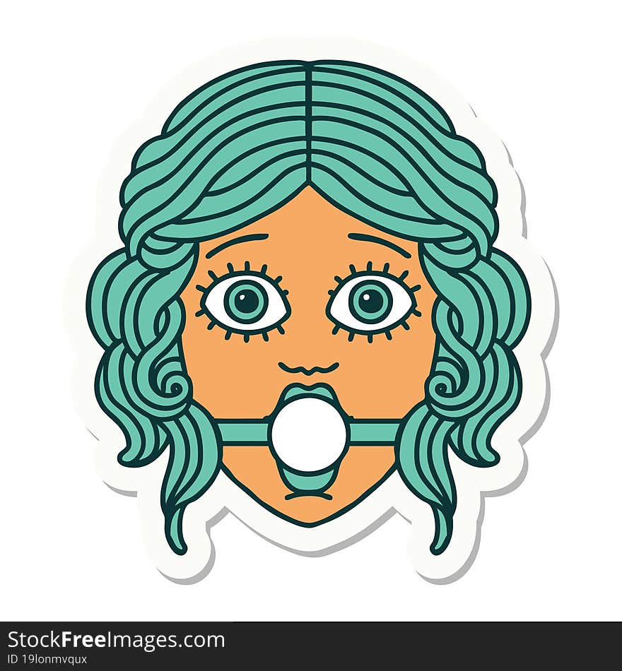 tattoo style sticker of female face with ball gag