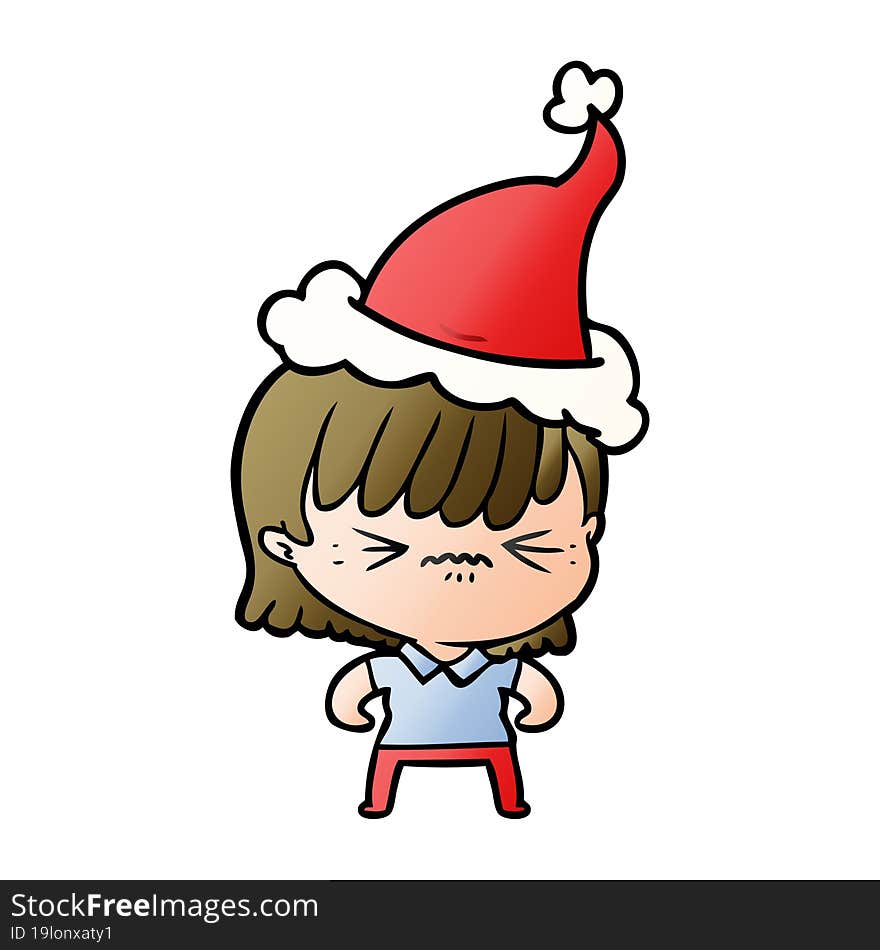 annoyed gradient cartoon of a girl wearing santa hat