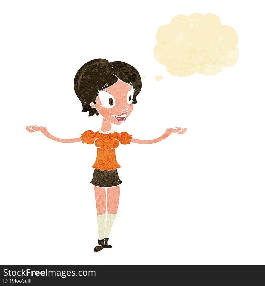 cartoon woman with arms spread wide with thought bubble