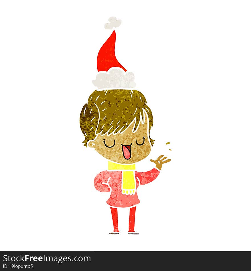 hand drawn retro cartoon of a woman talking wearing santa hat