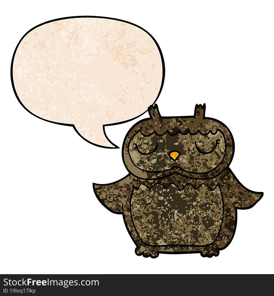 cartoon owl and speech bubble in retro texture style