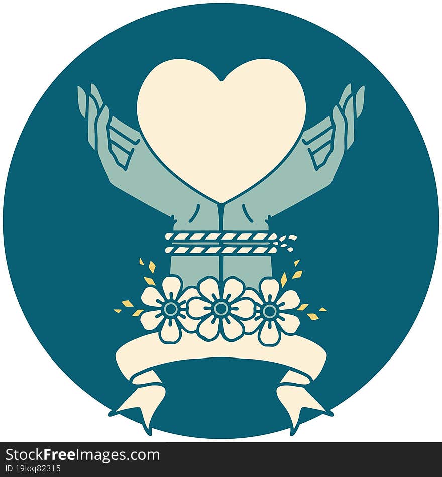 tattoo style icon with banner of tied hands and a heart