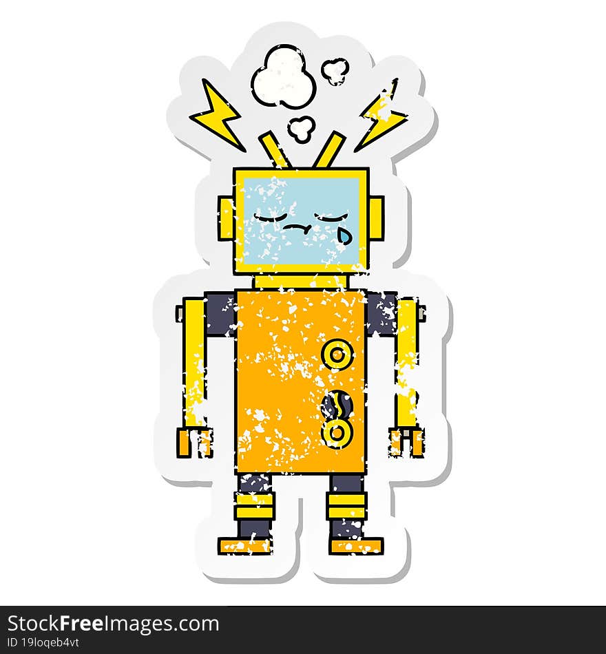 Distressed Sticker Of A Cute Cartoon Malfunctioning Robot