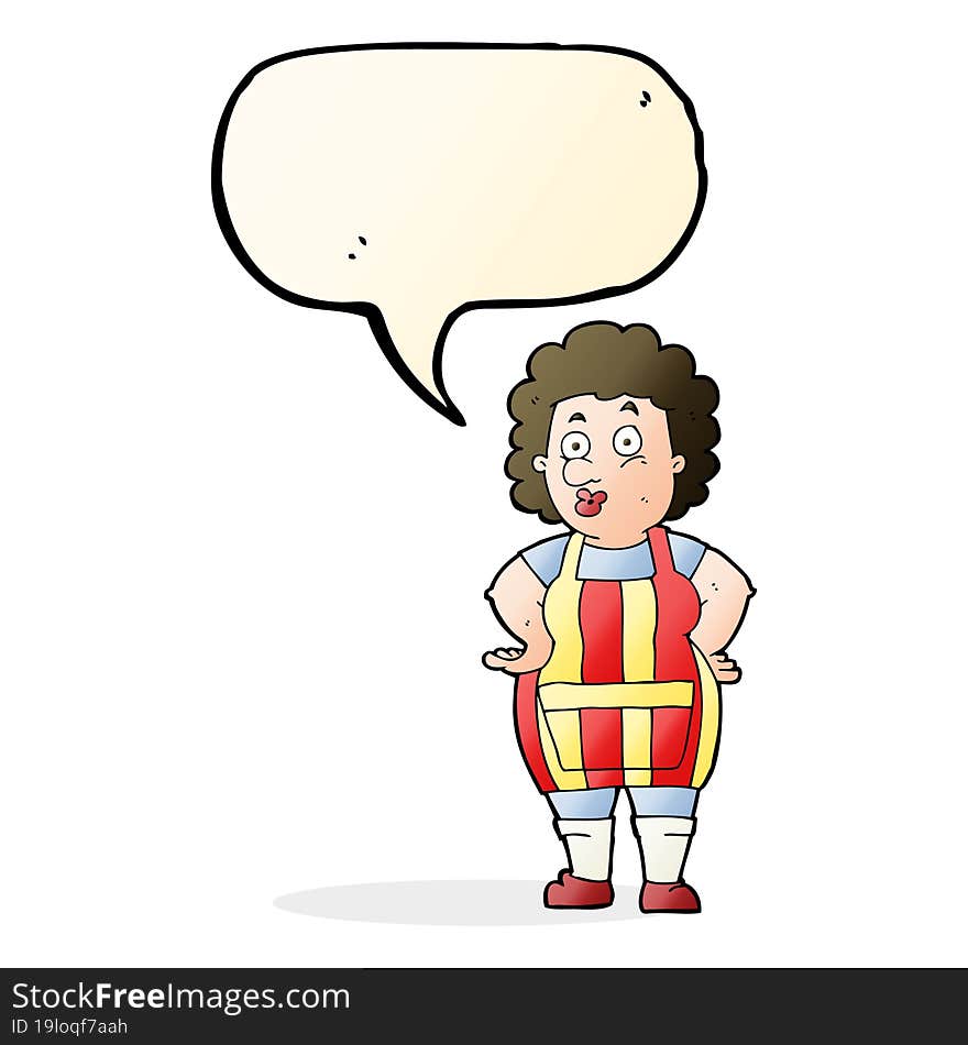 cartoon woman in kitchen apron with speech bubble