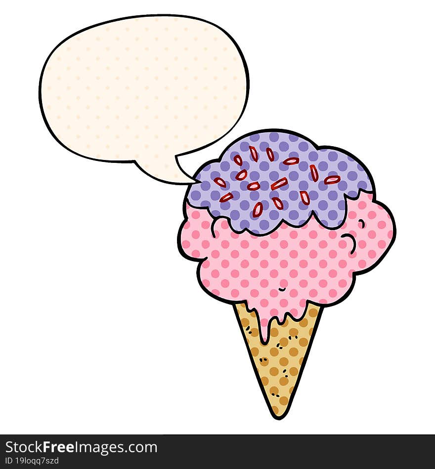 cartoon ice cream and speech bubble in comic book style