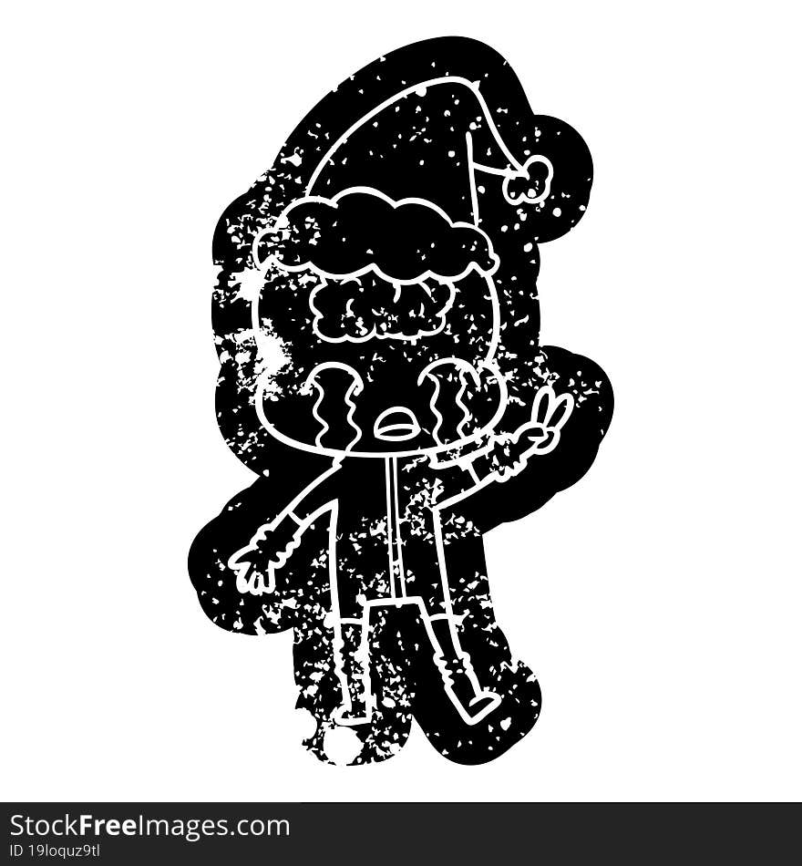 cartoon distressed icon of a big brain alien crying and giving peace sign wearing santa hat