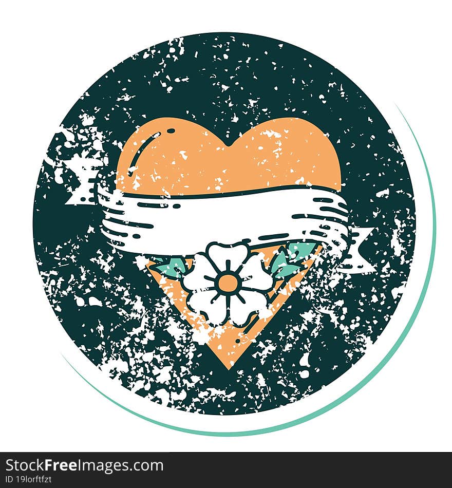 distressed sticker tattoo style icon of a heart flower and banner