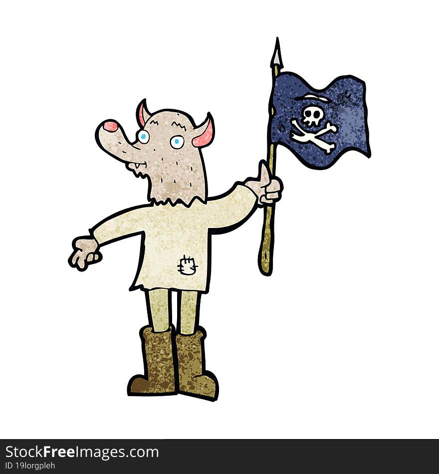 cartoon wolf man waving pirate flag