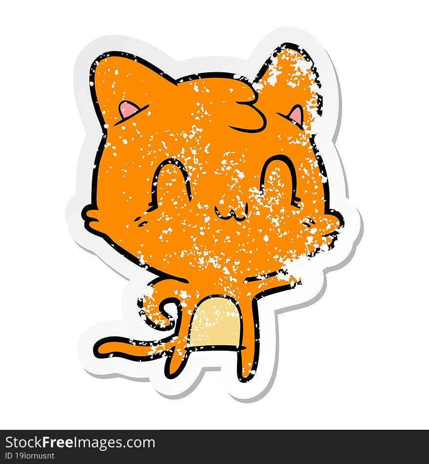 distressed sticker of a cartoon happy cat pointing