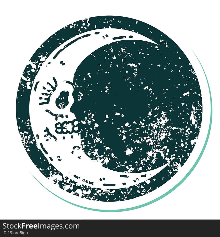 iconic distressed sticker tattoo style image of a skull moon. iconic distressed sticker tattoo style image of a skull moon