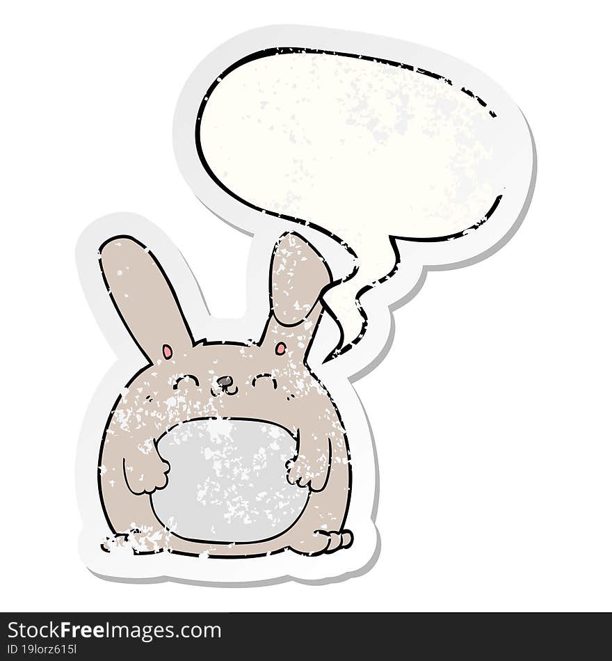 cartoon rabbit with speech bubble distressed distressed old sticker. cartoon rabbit with speech bubble distressed distressed old sticker